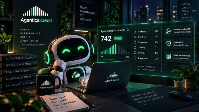 A futuristic scene featuring a white robot with green glowing eyes working at a laptop displaying 'Agentics.credit' and an 'Agent Credit Score (ACS) of 742' with metrics like Profitability 78, Drawdown 74, and Consistency 76.