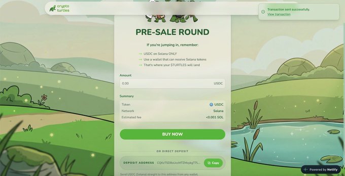 A "PRE-SALE ROUND" interface for Crypto Turtles showing a successful transaction in USDC on Solana, with details like ticker, network, and an estimated fee of <0.001 SOL, and a deposit address. The image aligns with the post's mention of participating in the presale.