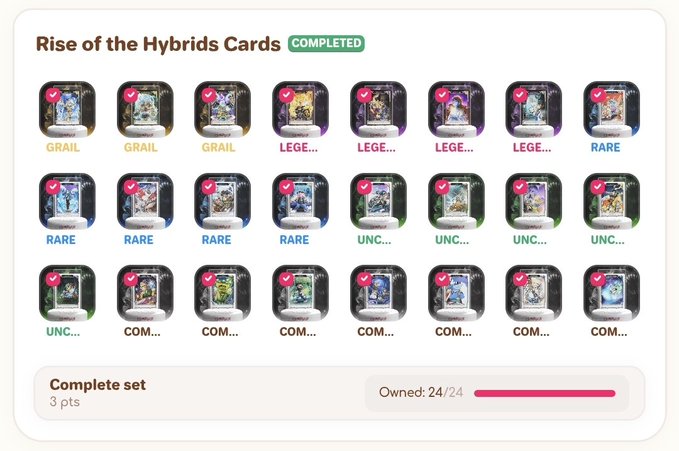 The image shows a completed "Rise of the Hybrids Cards" collection with 24/24 cards owned across various rarities (Grail, Legendary, Rare, Uncommon, Common), earning 3 points toward the collector score—matching the celebratory post about finishing another @ChimpersHQ card set.
