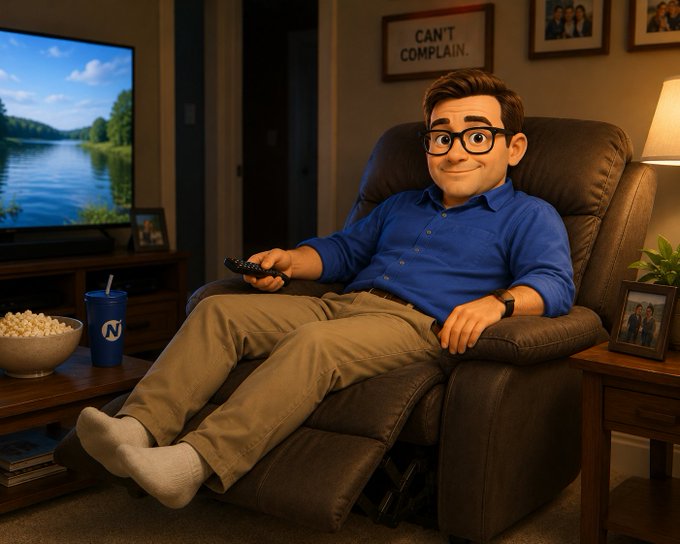 A man in a blue shirt lounges comfortably in a recliner with a remote in hand, popcorn and a drink nearby, ready to watch the nature scene playing on the TV—matching the post's vibe of settling in for a movie night with the ticker $norm.
