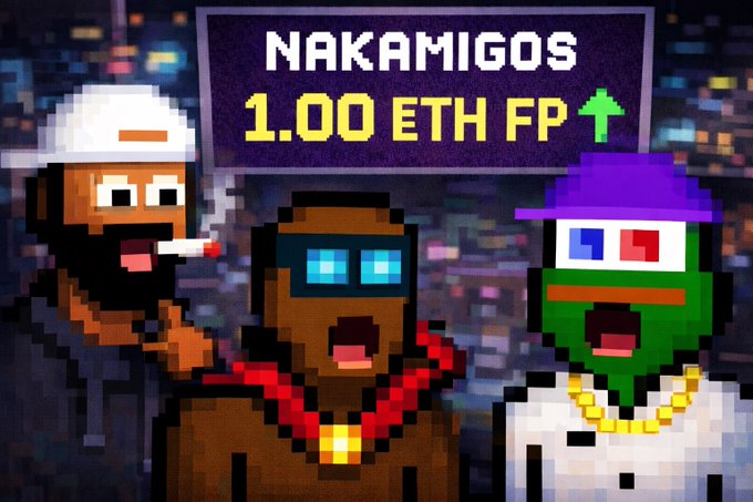 Three pixel-art characters, including one with 3D glasses, are featured below a sign reading "NAKAMIGOS 1.00 ETH FP⬆️", tying into the post's anticipation of further gains during the Ethereum bull run.
