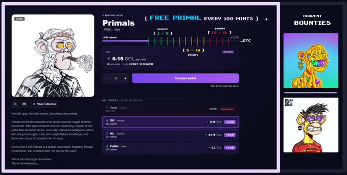 A webpage for an NFT collection called 'Primals' featuring a smoking monkey Bored Ape, displaying a price of 0.15 SOL and an offer to connect a wallet.