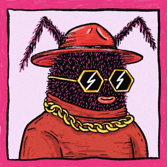 A stylized illustration shows a fuzzy purple bug wearing a red wide-brimmed hat with antennae-like plumes, gold lightning-bolt hexagonal sunglasses, a gold chain necklace, and a red hoodie, all framed by a pink border. The image serves as the user's new "buggified" profile picture (PFP), a custom honorary artwork created by @degenbugs.