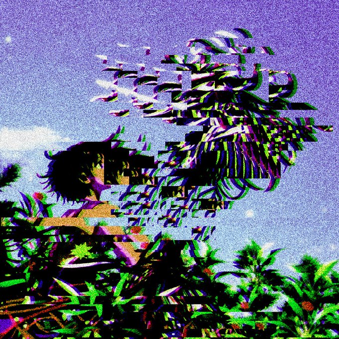A heavily glitched and pixelated image shows a figure with dark hair surrounded by fragmented, colorful digital artifacts and tropical plants against a purple sky.