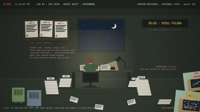 A pixel art scene titled "HOPIUM MACHINES – INTERNAL FEED – epoch 187" shows a developer named DEV working the night shift at a desk piled with paperwork, with a bulletin board reading "HUMAN: DEV, STATUS: filling still." and various form labels (FORM 12, FORM 13, FORM 777) under a moonlit window, while a timestamp counts down "23:52 - STILL FILLING." The image visually captures the dev's grueling night shift of certifying that the machines produce nothing of value, surrounded by endless stacks of forms and the ominous note that "the machines had never seen paper before, they have concluded it is very thin paper."