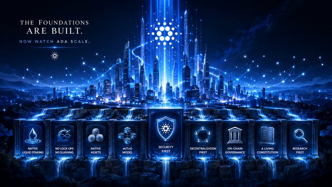 A futuristic blue-lit cityscape rises above cascading waterfalls, with the Cardano (ADA) logo glowing at its peak beneath the text "THE FOUNDATIONS ARE BUILT. NOW WATCH ADA SCALE." Along the bottom, illuminated pillars highlight Cardano's core pillars: "NATIVE LIQUID STAKING," "NO LOCK-UPS NO SLASHING," "NATIVE ASSETS," "eUTXO," "SECURITY FIRST," "DECENTRALISATION FIRST," "ON-CHAIN GOVERNANCE," "A LIVING CONSTITUTION," and "RESEARCH FIRST."