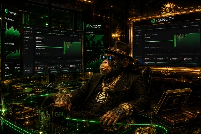 An AI-generated image of an anthropomorphic chimpanzee wearing a pinstripe suit, fedora, sunglasses, and Canopy cryptocurrency chains, sitting at a desk surrounded by multiple monitors displaying Canopy Synapse trading interfaces.