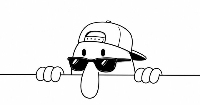A black and white cartoon character wearing a backwards baseball cap and sunglasses peeks over a horizontal line, holding on with cartoon hands.