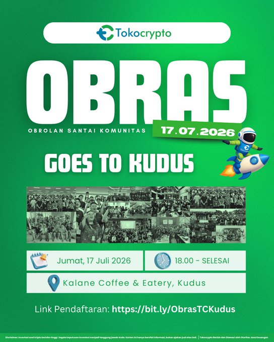 A vibrant green promotional poster from Tokocrypto announces the "OBRAS Goes to Kudus" community meetup scheduled for Friday, July 17, 2026, at 18:00 at Kalane Coffee & Eatery in Kudus, featuring the registration link https://bit.ly/ObrasTCKudus and a photo collage of past community gatherings.