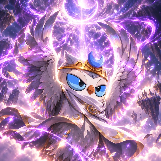 A fantasy illustration of an owl-like character with large purple wings, wearing a golden crown with a blue crescent moon, surrounded by mystical purple energy and celestial imagery.