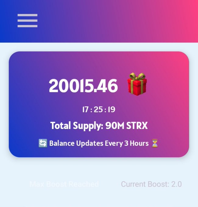 A mobile app screenshot shows a crypto wallet balance of "20015.46" STRX (Total Supply: 90M STRX) with a timer at "17:25:19" indicating balance updates every 3 hours, alongside a "Current Boost: 2.0." The image illustrates the poster's achievement of hitting 20k in their STRX mining balance that morning, reflecting their optimistic "keep pushing" message despite the visible countdown nearing zero.