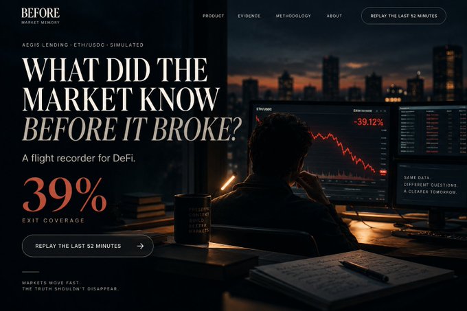 A website for "BEFORE" market memory with the headline "WHAT DID THE MARKET KNOW BEFORE IT BROKE?" and a 39% exit coverage stat, showing a figure viewing a -39.12% crash chart at night—visually capturing the post's question of what hidden signals preceded the collapse that only become visible in hindsight.