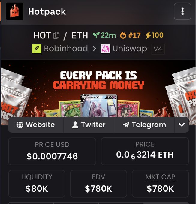 The image shows a cryptocurrency tracking page for Hotpack (HOT/ETH), currently ranked #17, displaying a price of $0.0007746 USD (0.00003214 ETH), with a market cap and FDV of $780K and liquidity of $80K.

The accompanying post mentioning "$15 max touch" appears to relate to the token's very low price shown on the page, suggesting someone is looking for trading entries near that minimal price level for HOT.
