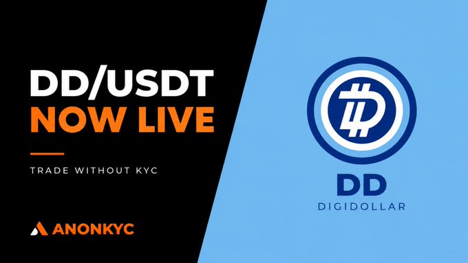 A promotional banner announcing 'DD/USDT NOW LIVE - TRADE WITHOUT KYC' for the DigiDollar cryptocurrency, featured by ANONKYC.