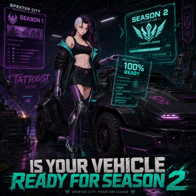 A vibrant promotional graphic for 'Spekter City: Phantom League' featuring a tattooed anime-style woman with a cybernetic leg standing next to a futuristic vehicle, with text reading 'SEASON 2 INITIATING', '100% READY', and 'IS YOUR VEHICLE READY FOR SEASON 2'.