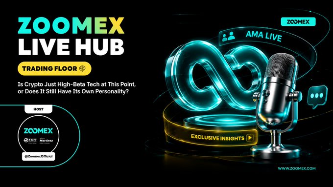 A promotional banner for 'ZOOMEX LIVE HUB - TRADING FLOOR' AMA Live event discussing 'Is Crypto Just High-Beta Tech at This Point, or Does It Still Have Its Own Personality?' hosted by @ZoomexOfficial (www.zoomex.com).
