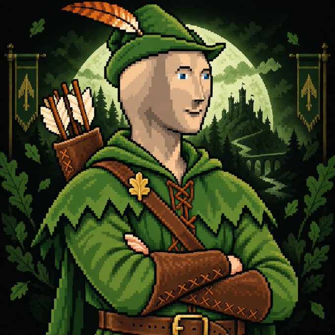 A pixel art illustration of a young archer in green attire with a feathered hat and a quiver of arrows, standing before a moonlit forest and castle.