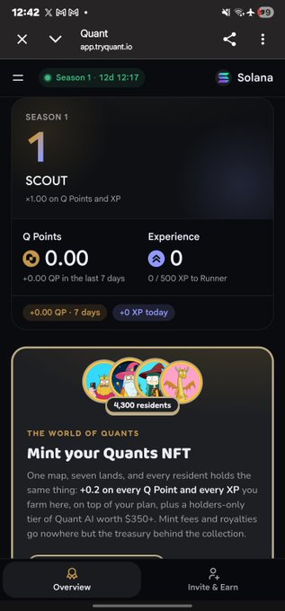 A mobile screenshot of the Quant app (app.tryquant.io) showing a Season 1 Scout account with 0.00 Q Points, 0 Experience, and a prompt to 'Mint your Quant NFT' for 4,300 residents.
