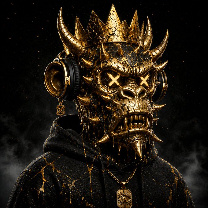 The image features a person wearing a gold mask with horns and a crown, which appears to be made of metal or painted gold. The person is also wearing headphones that are black and gold. The background of the image is dark, creating an intense atmosphere around the subject. The caption for the image reads "Happy Father'S Day to all Dad out there Took me almost a week to come up with this, and right now I'M thinking of adding it to my portfolio and of course bringing it to @base @allodev".