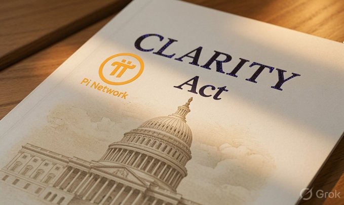 A promotional image for the "CLARITY Act" featuring the Pi Network logo and an illustration of the U.S. Capitol building, with a Grok watermark in the corner.