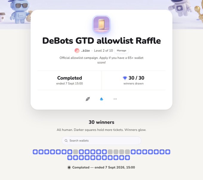 The image shows a completed "DeBots GTD allowlist Raffle" campaign hosted by "_bibe" (Level 2 of 10), which ended on 7 Sept at 15:00, with all 30 of 30 winners drawn as visualized by the grid of blue (winning) and grey (non-winning) wallet squares below. This confirms the post's announcement that the first 30 GTD winners have been selected for the DeBots allowlist raffle.
