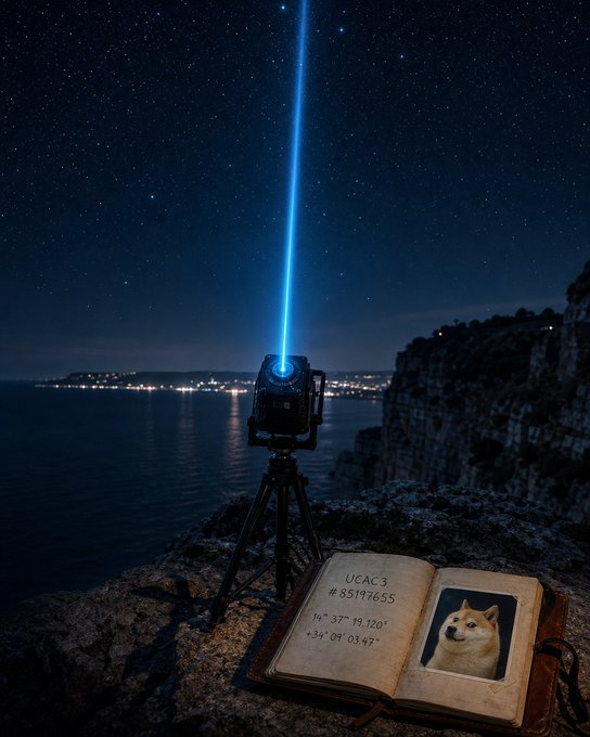 A night scene showing a light projector on a tripod aimed at the starry sky, beside an open book displaying coordinates ('+34° 09' 03 47")' and the label 'UCAC3 #85197655' alongside a photo of a Shiba Inu dog.