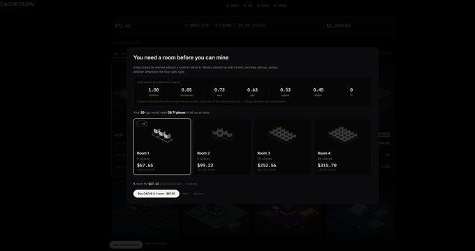 A dark-themed digital interface showing a pop-up titled "You need a room before you can mine". It lists four rooms with different capacities and associated costs, such as Room 1 for $67.65 and Room 2 for $99.22.