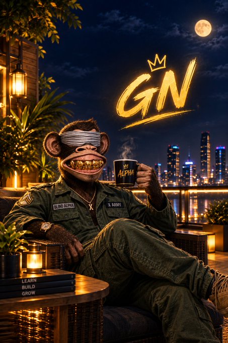 A stylized digital artwork shows a monkey character in military fatigues wearing a 'BLIND ALPHA' name patch, holding a mug labeled 'ALPHA' beneath a glowing gold 'GN' logo with a crown, set against a nighttime cityscape with a full moon and 'LEARN BUILD GROW' books on a side table.