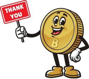 A cartoon Bitcoin coin holds up a "Thank You" sign, mirroring the post's sarcastic gratitude for crypto's mixed blessings. The Bitcoin logo is clearly visible on the coin.