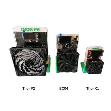 Three Hammer Thor series ASIC miners are displayed side by side, with the Thor P2 (left), BC04 (center), and Thor X1 (right), each featuring exposed circuit boards and large cooling fans. The image showcases the new Thor P2 model highlighted in the post, prominently displaying its green "THOR P2" branding and the substantial cooling setup referenced in the description.