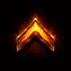 A glowing orange chevron symbol emitting fiery light against a dark background.