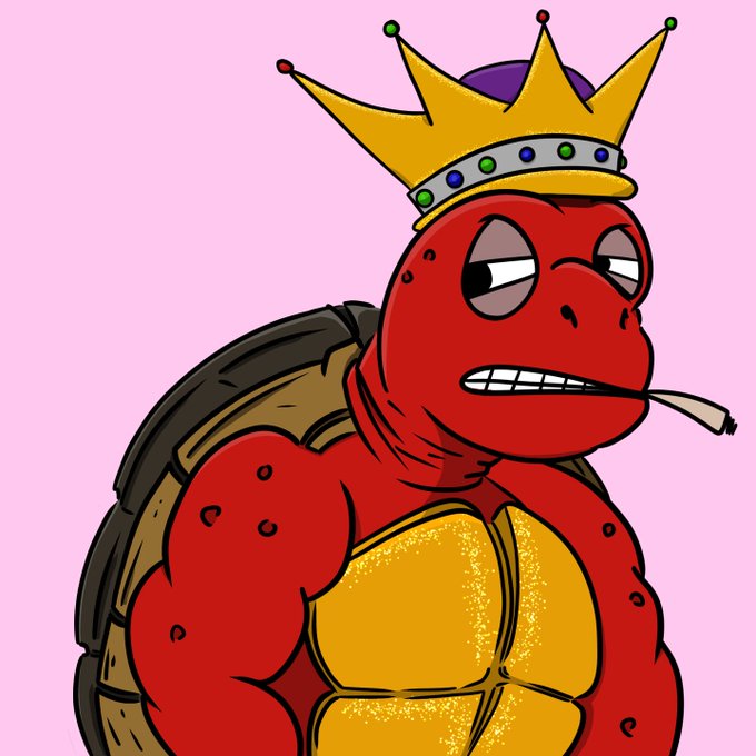 A cartoon illustration of a muscular red turtle/tortoise character with a yellow shell, wearing a gold crown with jewels, smoking a cigarette with a smug expression against a pink background.