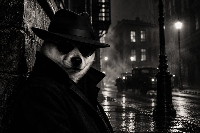 A black and white film noir-style image of a dog wearing a fedora and sunglasses, leaning against a brick wall on a rainy city street at night.