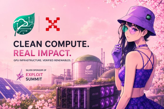 Promotional graphic with 'CLEAN COMPUTE. REAL IMPACT.' text, 'GPU INFRASTRUCTURE. VERIFIED RENEWABLES.' subtitle, and 'SILVER SPONSOR OF EXPLOIT SUMMIT' badge, featuring an anime-style character in purple with an RTX 5090 server in the background.