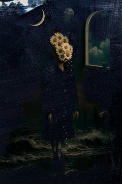 A surreal, dark painting depicting a figure standing in shadowy waters at night, whose head is obscured by a cluster of white daisies.