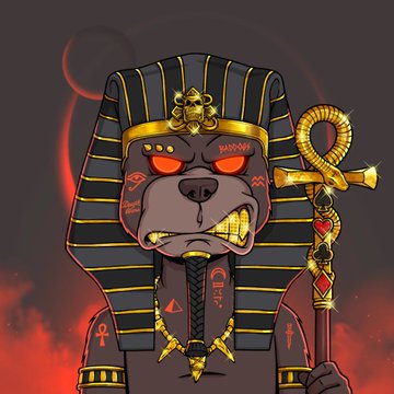 A cartoon illustration of Anubis, the Egyptian god of the afterlife, depicted as a dog with glowing red eyes holding an ankh staff and adorned with gold ornaments.