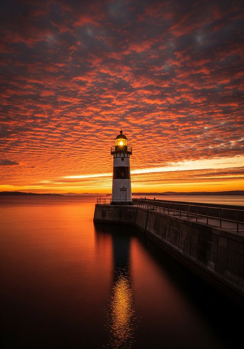 The image features a lighthouse standing tall against an orange sky with clouds during sunset. The lighthouse serves as a focal point for the viewer's eye, drawing them into the scene. In the background, there are two people visible near the water, possibly enjoying the view or attending to their activities at sea.