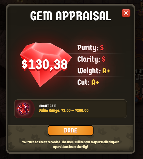 A 'GEM APPRAISAL' screen displays a red gem valued at $130.38 with stats: Purity: S, Clarity: S, Weight: A+, Cut: A+, noted as an uncut gem.