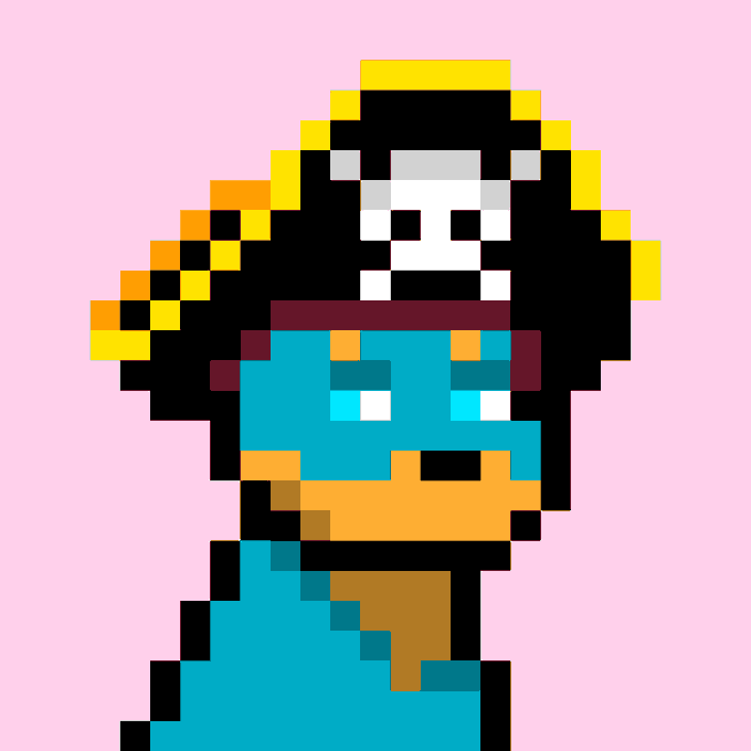 A pixel art portrait of a blue dog-like character wearing a black and yellow hat, representing Doginal Dog #6921 listed in a DOGE cryptocurrency sale.