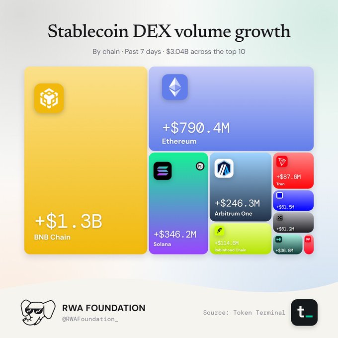 An infographic titled 'Stablecoin DEX volume growth' showing past 7-day volumes by chain totaling $3.04B across the top 10, with BNB Chain leading at $1.3B, followed by Ethereum ($790.4M), Solana ($346.2M), and Arbitrum One ($246.3M), credited to RWA Foundation with source Token Terminal.