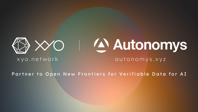 A partnership announcement graphic displaying the XYO and Autonomys logos side by side, with the tagline 'Partner to Open New Frontiers for Verifiable Data for AI' and URLs xyo.network and autonomys.xyz.