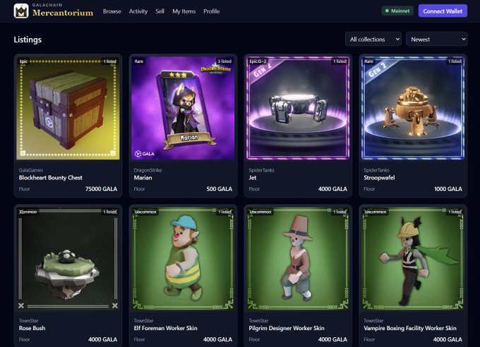 The image shows the Mercantorium marketplace interface on GalaChain, displaying a "Listings" page with various NFT game items available for purchase, including a "Blockchain Bounty Chest" for 75,000 GALA, "Marian" for 500 GALA, a "Jet" for 4,000 GALA, "Stroopwafel" for 1,000 GALA, and several TowerStar worker skins priced at 4,000 GALA each. This directly visualizes the newly launched platform mentioned in the post, showcasing its functionality for browsing and buying player-owned game NFTs using GALA currency.