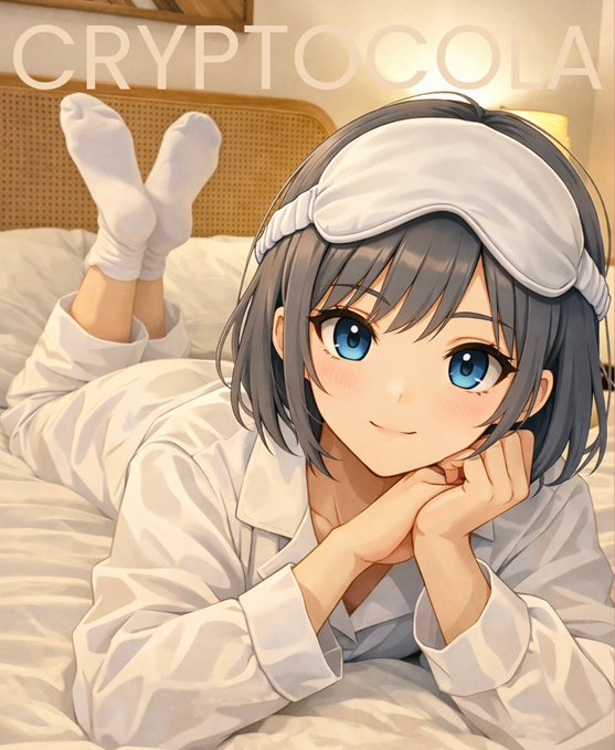 The image features a young girl wearing white pajamas, with her eyes closed as if she's taking a nap or resting. She has blue eyes that are accentuated by her light skin tone. The girl appears to be lying on a bed in front of a window, and there is a poster for Cryptocola on the wall behind her.