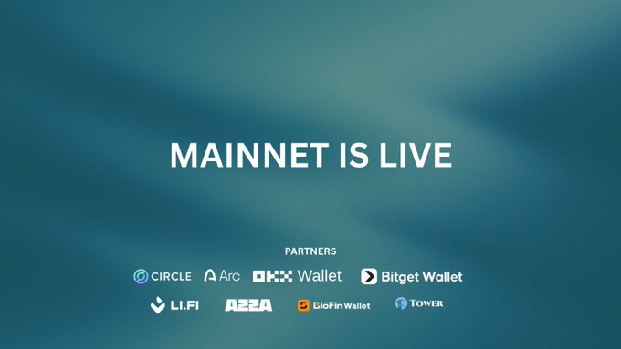 The image announces "MAINNET IS LIVE" with XyloNet listed among partners alongside Circle, OKX Wallet, Bitget Wallet, Li.Fi, A2A, EloFinWallet, and Tower, visually reinforcing the post's announcement that XyloNet has launched on Arc's mainnet from day one with DeFi features like swaps, bridging, and PayX.