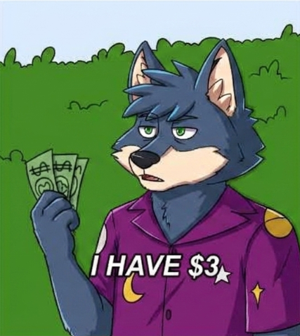 A cartoon wolf wearing a purple shirt with moon and star designs holds up a few dollar bills, with the caption "I HAVE $3" displayed across the image. The post promotes WolfSwap's creator program by humorously suggesting that with just $3, you could be earning thousands through their content creation rewards.