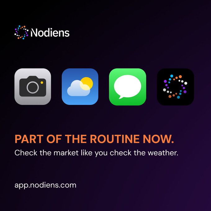 Promotional image for the Nodiens app featuring the tagline "PART OF THE ROUTINE NOW. Check the market like you check the weather." alongside icons for camera, weather, and messaging apps, with the URL app.nodiens.com—reinforcing the post's message of making crypto market checks a daily habit, like the routine "GM Nodizens" check-in.
