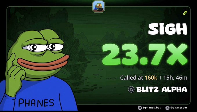 A promotional graphic featuring a green Pepe meme wearing a "PHANES" shirt alongside the text "SiGh 23.7x Called at 160k | 15h, 46m BLITZ ALPHA" with social media handles @phanes_bot.