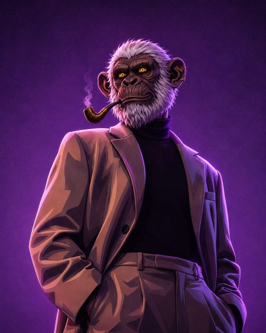 A stylized illustration of a white-haired monkey or ape wearing a purple suit and black turtleneck, smoking a wooden pipe against a purple background.