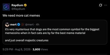 A tweet from Raydium (@raydium) quoting a user @mert_'s post declaring dogs as "the most common symbol for the biggest memecoins" and "overall majestic creatures," humorously countering the accompanying post's suggestion that cats might overtake dogs as the dominant memecoin theme this cycle.