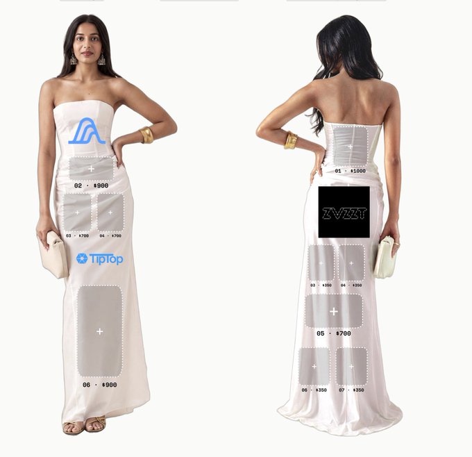 A front and back view of a model wearing a long white strapless gown, with the dress overlay marked by dotted placement guides for a brand advertisement; one box contains the text "ZYZZT".